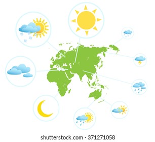 Weather forecast infographic set with meteorology signs and world map vector illustration