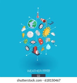 Weather forecast integrated 3d web icons. Digital network isometric interact concept. Connected graphic design dot and line system. Abstract background for meteorology and nature. Vector Infograph