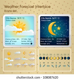 Weather forecast interface with weather icons set, moon phases and wind directions. Editable vector illustration.