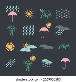 Weather forecast isolated multi-color icon collection with sun rain wind clouds and umbrella. 16 set of flat weather symbols editable vector graphic illustrations. 