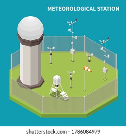 Weather forecast isometric concept with meteorological station symbols vector illustration