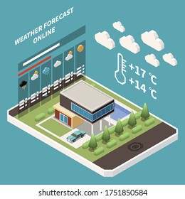 Weather forecast isometric concept with weather forecast and meteorology symbols vector illustration