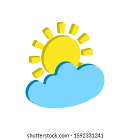 Weather forecast isometric icon of sun and cloud isolated on white background. Weather symbol  in modern style. For web site design and mobile apps. Vector illustration