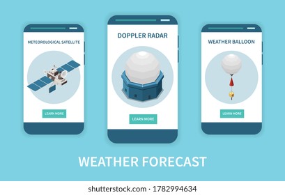 Weather forecast isometric set with radar and satellite  symbols isolated vector illustration