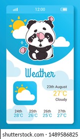 Weather forecast kids mobile app screen with cartoon kawaii character. Climate, meteorology smartphone girlish widget, application mockup. UI, UX interface blue page with panda bear animal