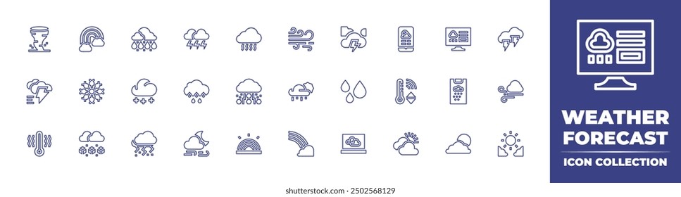 Weather forecast line icon collection. Editable stroke. Vector illustration. Containing wind, cloudy, tornado, rain, lightning, smog, storm, snowflake, snowfall, thunderstorm, rainbow.