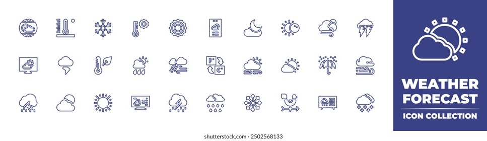 Symbolsammlung für Wettervorhersageposition. Bearbeitbarer Strich. Vektorgrafik. Enthaltend Wettervorhersage, hohe Temperatur, regnerisch, Sturm, Schneeflocke, Sonne, Herbst, Regen, Temperatur.