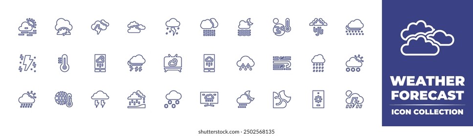 Weather forecast line icon collection. Editable stroke. Vector illustration. Containing weatherforecast, forecast, thunderbolt, pressure, haze, storm, temperature, lightning, clouds.