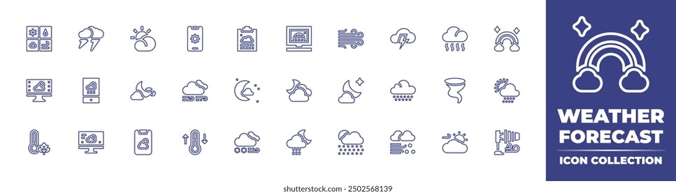 Weather forecast line icon collection. Editable stroke. Vector illustration. Containing temperature, weatherforecast, weather, night, blizzard, windy, moon, thermometer.