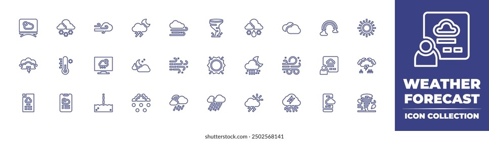 Weather forecast line icon collection. Editable stroke. Vector illustration. Containing storm, weatherforecast, sun, thunderstorm, tornado, snowy, cold, night, wind, snow, sleet, television.