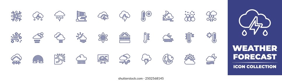 Weather forecast line icon collection. Editable stroke. Vector illustration. Containing fog, sun, weather, wind, thunder, rain, thermometer, cloudy, kelvin, rainbow, snow, foggy.