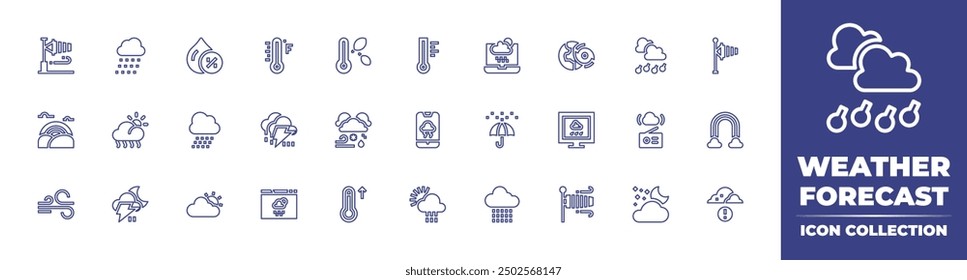 Weather forecast line icon collection. Editable stroke. Vector illustration. Containing cloudy, wind, smog, weather, storm, rainy, thunderstorm, rainbow, snow, hightemperatures.