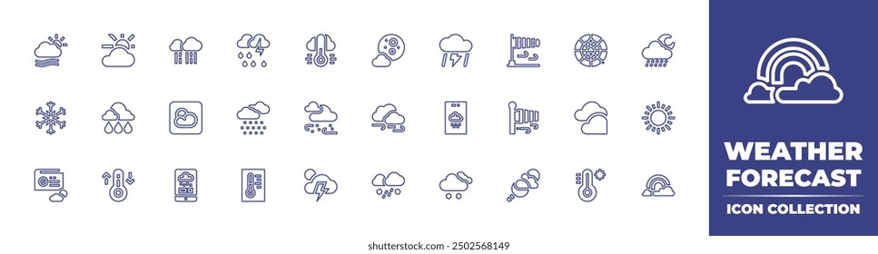 Weather forecast line icon collection. Editable stroke. Vector illustration. Containing cloudy, weatherapp, snow, radio, snowfall, thunderstorm, temperature, rain, thermometer.