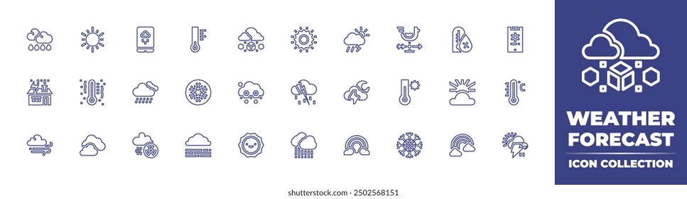 Weather forecast line icon collection. Editable stroke. Vector illustration. Containing celsius, snowflake, storm, fog, thermometer, rainbow, raining, sun, thunderstorm, hail.