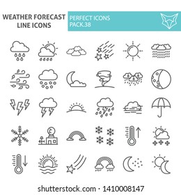 Weather forecast line icon set, climate symbols collection, vector sketches, logo illustrations, meteorology signs linear pictograms package isolated on white background, eps 10.