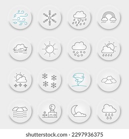 Weather forecast line icon set, climate symbols collection, vector sketches, neumorphic UI UX buttons, meteorology signs linear pictograms package isolated on white background, eps 10.