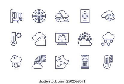Weather forecast line icon set. Editable stroke. Vector illustration. Containing weatherforecast, wind, cloudy, thermometer, snowfall, climatology, moon, clouds, fog, rainbow.