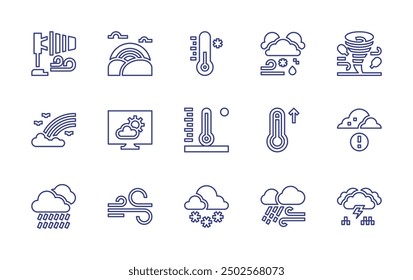 Weather forecast line icon set. Editable stroke. Vector illustration. Containing weatherforecast, hightemperature, rainbow, cold, thunderstorm, windsock, hightemperatures.