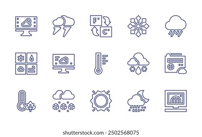 Weather forecast line icon set. Editable stroke. Vector illustration. Containing weatherforecast, weather, fahrenheit, sun, snowy, thermometer, hail, snowflakes, cloud, sleet.