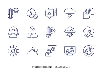 Weather forecast line icon set. Editable stroke. Vector illustration. Containing weatherforecast, meteorology, sun, thermometer, cloud, cloudy, killerfog, storm, thunderstorm, drop, chat.