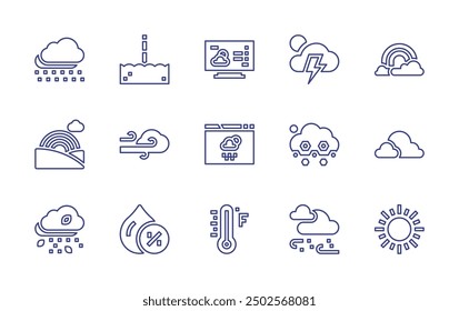 Weather forecast line icon set. Editable stroke. Vector illustration. Containing weather, monsoon, pole, wind, fahrenheit, snowfall, hail, thunderstorm, humidity, rainbow.