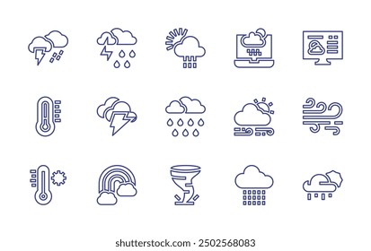 Weather forecast line icon set. Editable stroke. Vector illustration. Containing thunderstorm, weatherforecast, rain, tornado, rainy, windy, rainbow, storm, thermometer, hottemperature.