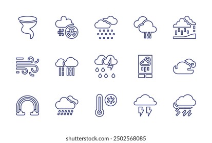 Weather forecast line icon set. Editable stroke. Vector illustration. Containing tornado, forecast, rain, thunder, storm, snow, hurricane, acidrain, heavyrain, thermometer, rainbow.