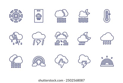 Weather forecast line icon set. Editable stroke. Vector illustration. Containing thunder, thunderstorm, weatherforecast, rain, wind, storm, rainbow, raining, snowflake.