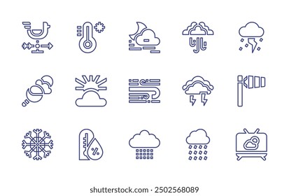 Weather forecast line icon set. Editable stroke. Vector illustration. Containing thunder, weather, humidity, haze, snowflake, weathercock, blizzard, rain, wind, sun, temperature.