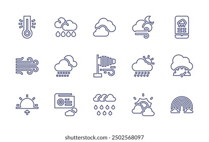 Conjunto de iconos de línea de previsión de Clima. Trazo editable. Ilustración vectorial. Contiene sol, nublado, viento, día de lluvia, amanecer, nevado, lluvia, lluvia pesada, radio, windsock, calor.
