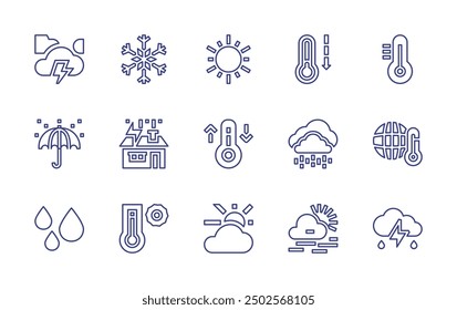 Weather forecast line icon set. Editable stroke. Vector illustration. Containing storm, rain, haze, globalwarming, coldwave, thunder, sun, temperature, snow, thunderstorm, umbrella, hot.