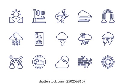 Weather forecast line icon set. Editable stroke. Vector illustration. Containing rain, weatherforecast, weatherapp, storm, sun, day, wind, thunderstorm, windsock, cloud, rainbow, drizzle.