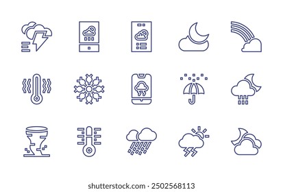 Weather forecast line icon set. Editable stroke. Vector illustration. Containing rain, weatherapp, storm, rainynight, cloudy, rainbow, moon, umbrella.