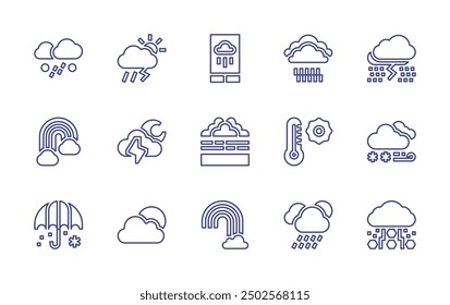 Weather forecast line icon set. Editable stroke. Vector illustration. Containing rain, forecast, cloudy, rainbow, umbrella, thunderstorm, freezingrain, foggy.