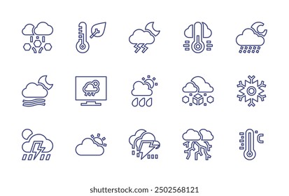 Weather forecast line icon set. Editable stroke. Vector illustration. Containing cloudy, fog, rainy, thunderstorm, storm, autumn, temperature, hail, television.