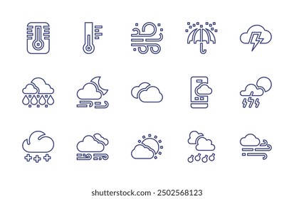 Weather forecast line icon set. Editable stroke. Vector illustration. Containing cloudy, weatherapp, thermometer, thunderstorm, hailstorm, air, day, wind, umbrella, snowfall, windy, rain.