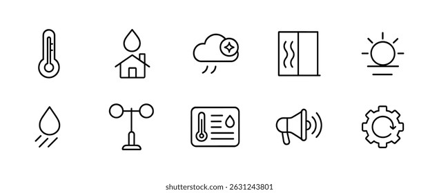 Conjunto de iconos de línea de pronóstico de Clima: símbolos de clima, temperatura y atmósfera