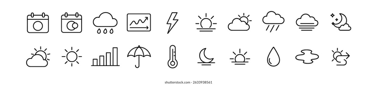 Conjunto de ícones de linha de previsão e tempo - símbolos de contorno, clima e temperatura