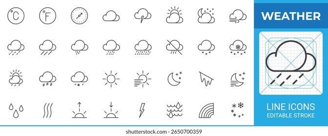 Ícone de linha de previsão do tempo definido. Pacote de símbolos vetoriais com ícones como sol, chuva, tempestade, neve, tornado, vulcão, inundação, temperatura, vento, nuvem e alerta de desastres