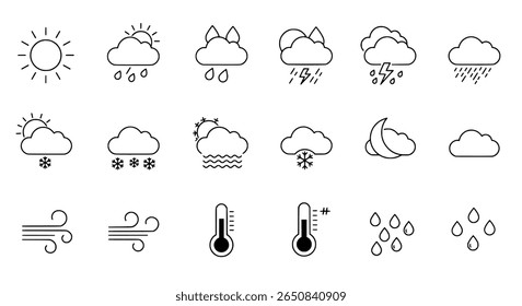 Weather forecast line icon set. Sun, cloud, rain, and temperature symbols.