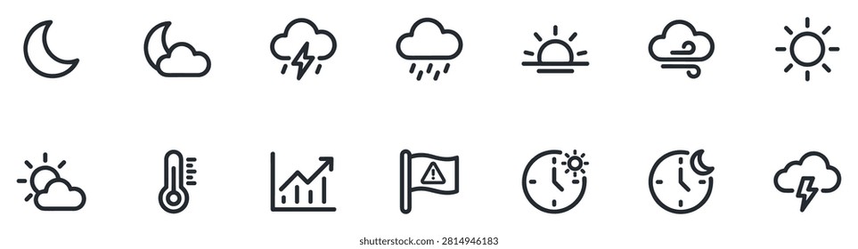 weather forecast line icon set, linear outline symbols for climate control, temperature, storm warning and meteorology interface widgets on transparent background