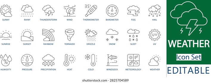 weather forecast line icon set featuring sunny, rainy, thunderstorm, wind, thermometer, barometer, rainbow, tornado, snow, and meteorology interface icons.