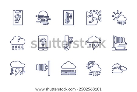 Weather forecast line icon set. Editable stroke. Vector illustration. Containing sun, forecast, smog, weather, rain, fog, snowy, storm, thermometer, windsign, windflag, thunder, clouds.