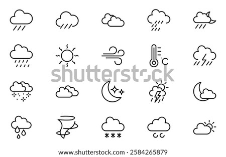 Weather Forecast line Icon Set. Bright and dynamic icons for accurate weather reporting, perfect for enhancing apps, websites, and digital platforms Vector icons.