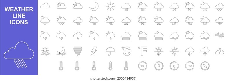 Weather forecast line icon symbol, overcast The set contains icons: Sun, Moon, Cloud, Winter, Summer, Rain, Snow, Blizzard, Umbrella, Snowflake, Sunrise, Wind, thunder, fog, thermometer, tornado