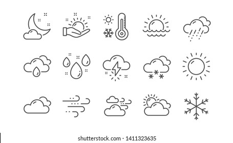 Weather and forecast line icons. Cloudy sky, winter snowflake, thermometer. Moon night, rain and sunset icons. Weather temperature, meteorology forecast. Linear set. Vector