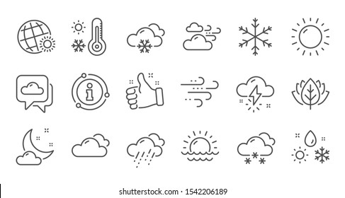 Weather and forecast line icons. Cloudy sky, winter snowflake, thermometer. Moon night, rain and sunset icons. Weather temperature, meteorology forecast. Linear set. Quality line set. Vector