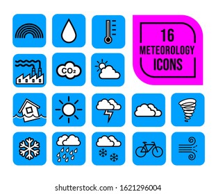 Weather and forecast line icons. Cloudy sky, winter snowflake, thermometer. Rain and sunset icons. Weather temperature, meteorology forecast and wind, thunder bolt. Vector