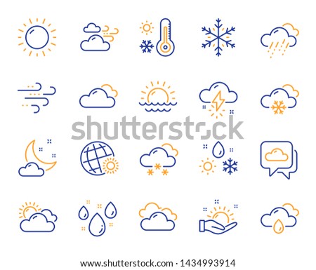 Weather and forecast line icons. Cloudy sky, winter snowflake, thermometer. Moon night, rain and sunset icons. Weather temperature, meteorology forecast and wind, thunder bolt. Vector