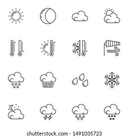 Weather forecast line icons set. linear style symbols collection outline signs pack. vector graphics. Set includes icons as temperature thermometer, windsock, cloud, rain, snow, snowflake, storm, moon